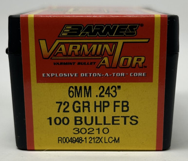 Barnes 6mm (.243 Dia) Reloading Bullets Varmin-A-Tor B30210 72 Grain Flat Base Hollow Point 100 Pieces