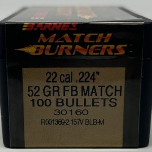 Barnes 22 Cal (.224 Dia) Reloading Bullets Match Burner B30160 52 Grain Flat Base Hollow Point 100 Pieces